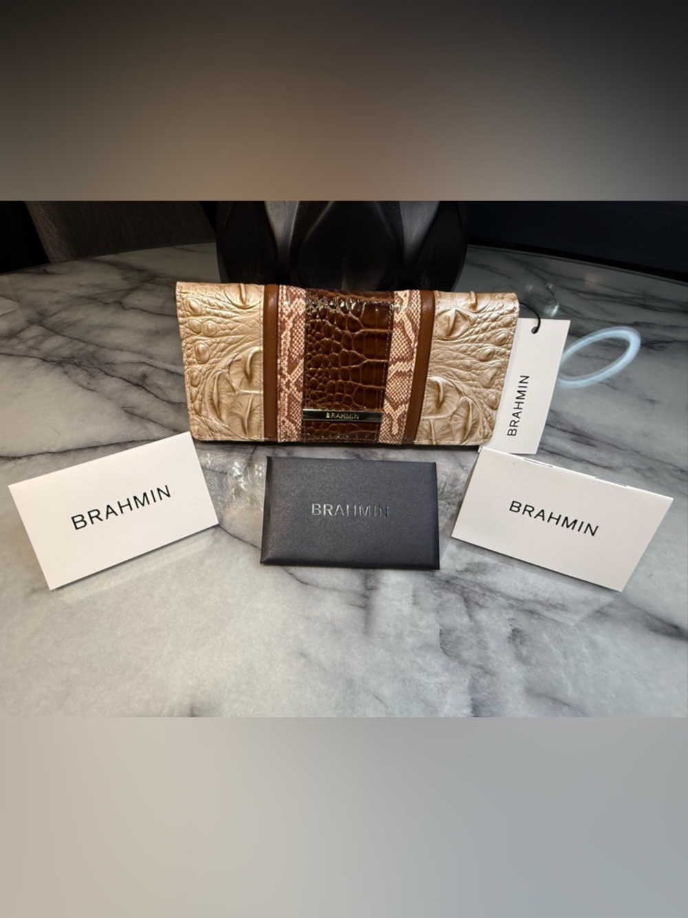 Brahmin Ady Slim Bifold Leather Wallet Contour Ambrose Brown Beige NWT